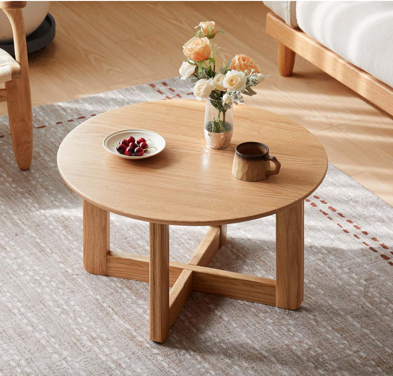 Oak Solid Wood Round Coffee Table with Cross-Leg Base