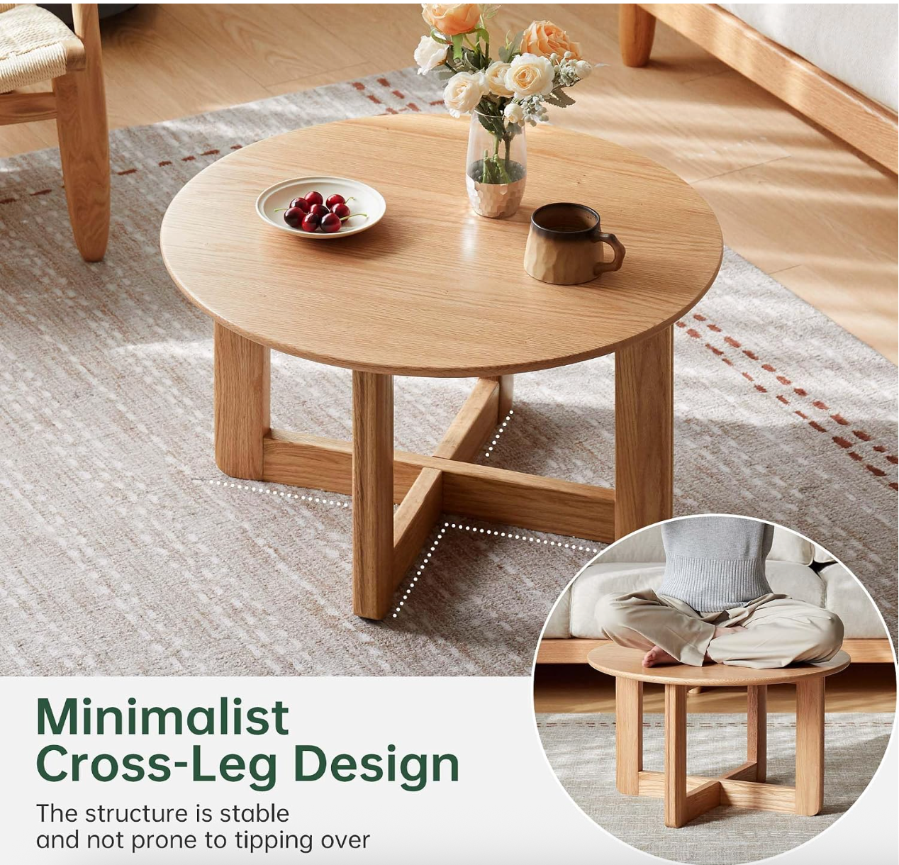 Oak Solid Wood Round Coffee Table with Cross-Leg Base