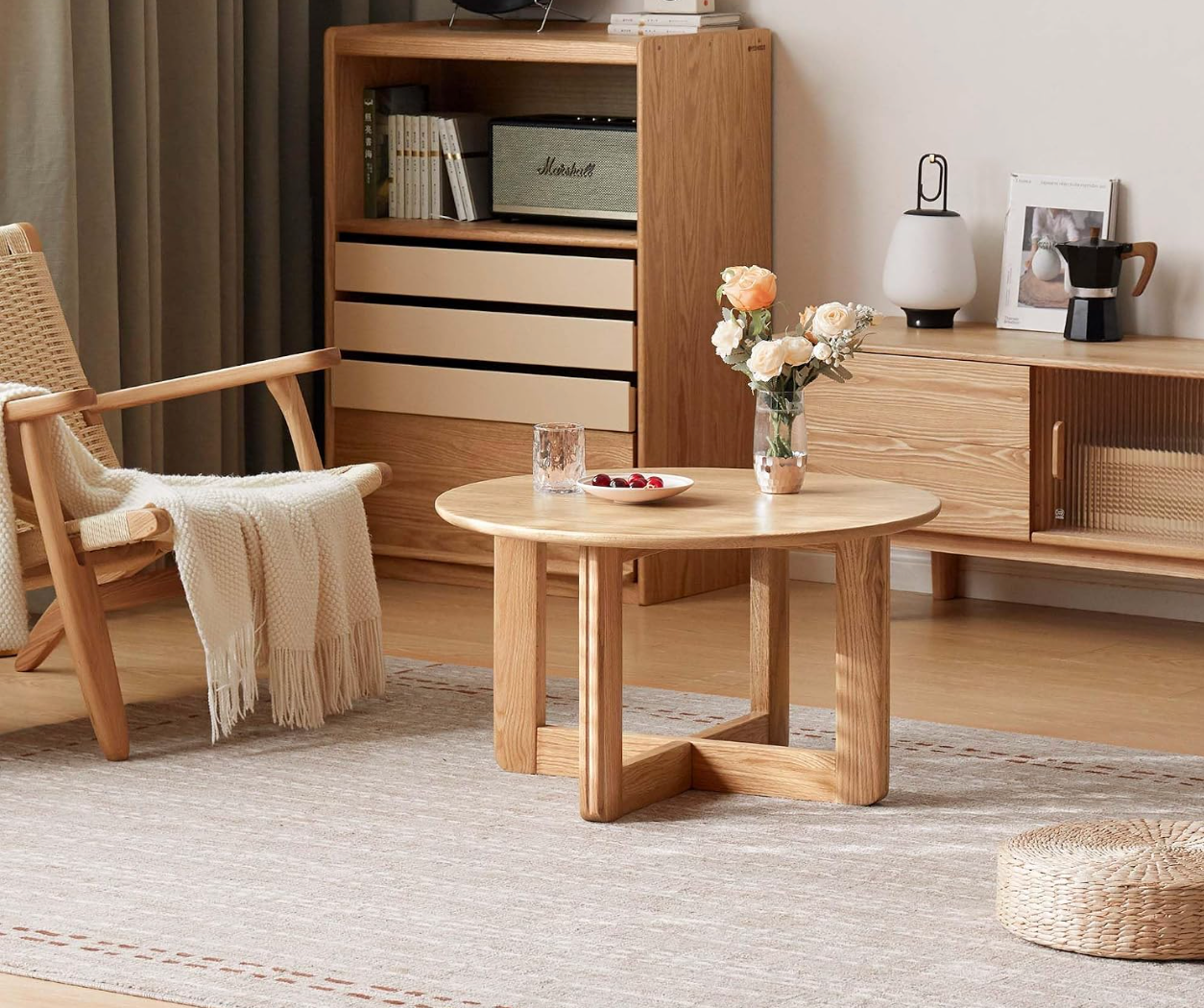 Oak Solid Wood Round Coffee Table with Cross-Leg Base