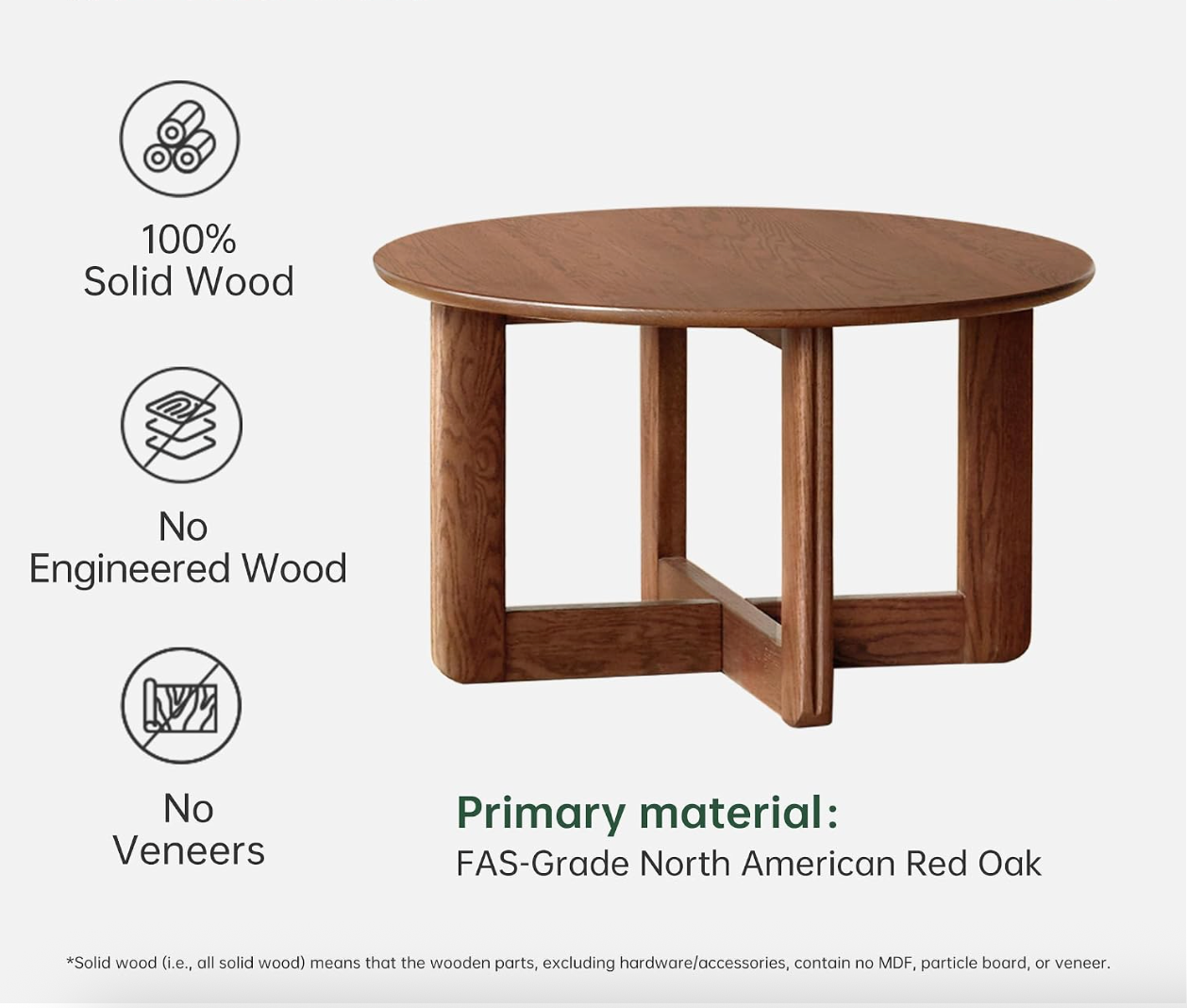 Oak Solid Wood Round Coffee Table with Cross-Leg Base