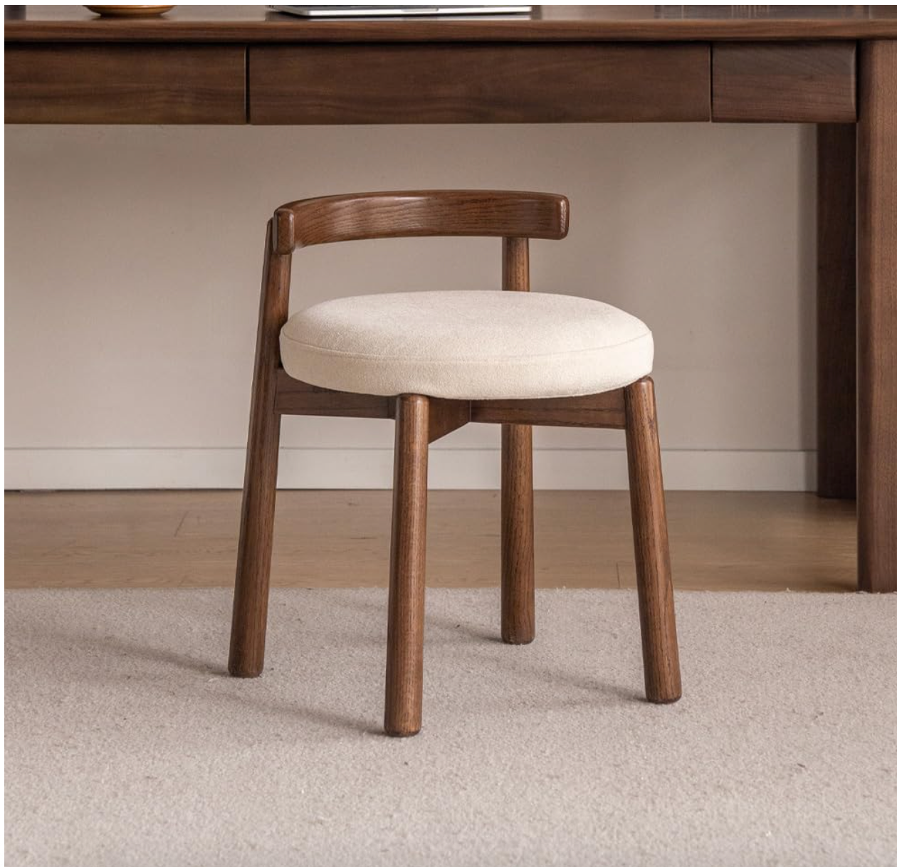 Oak, Solid RubberWood, Ash Round Vanity Stool with Curved Low Back