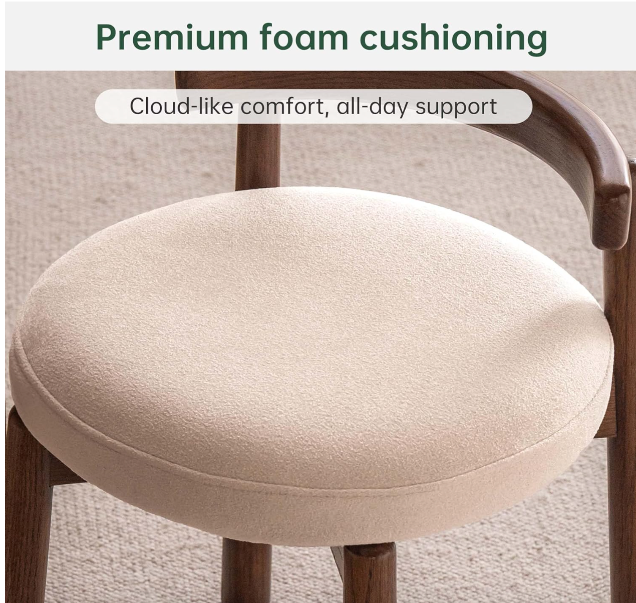 Oak, Solid RubberWood, Ash Round Vanity Stool with Curved Low Back