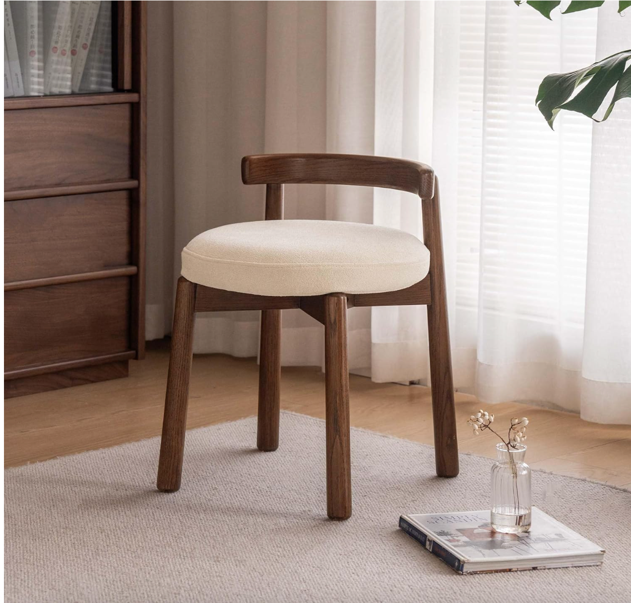 Oak, Solid RubberWood, Ash Round Vanity Stool with Curved Low Back