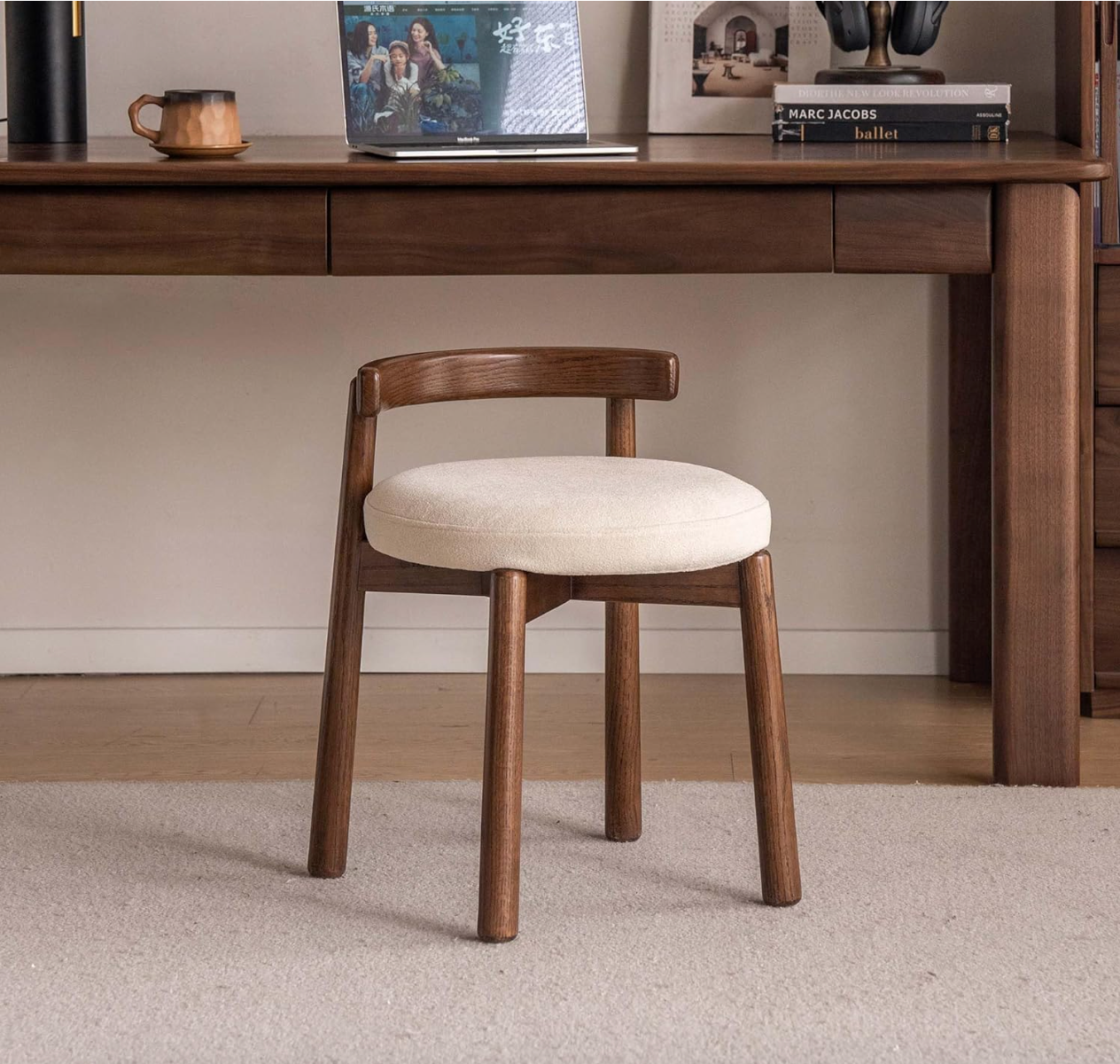 Oak, Solid RubberWood, Ash Round Vanity Stool with Curved Low Back
