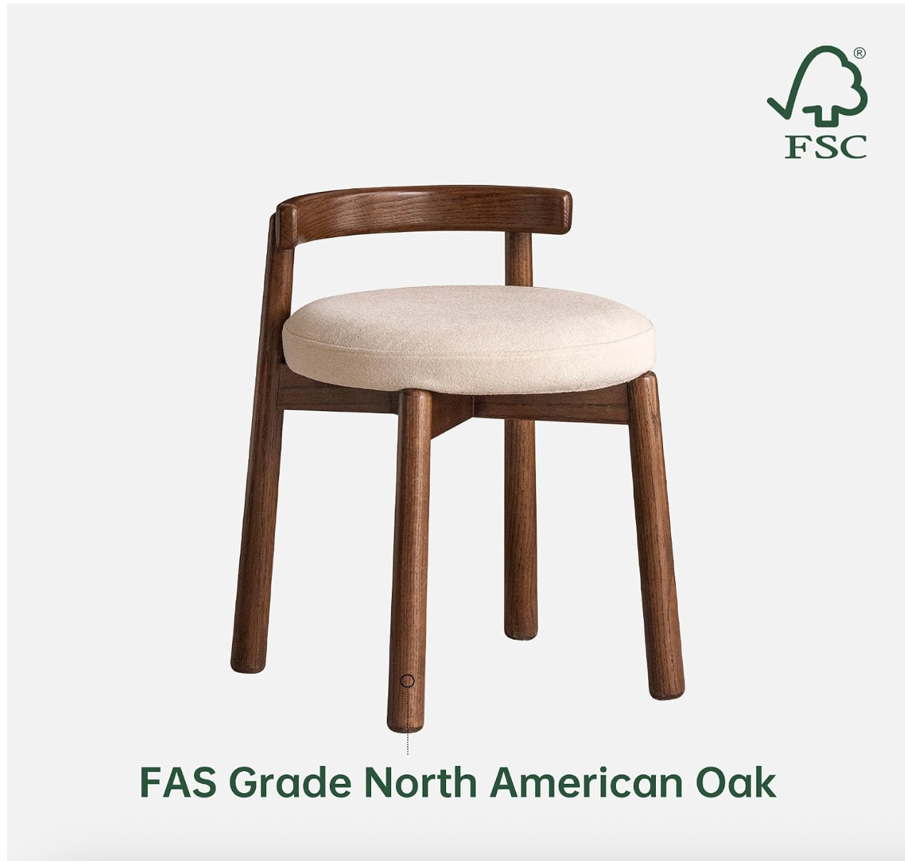 Oak, Solid RubberWood, Ash Round Vanity Stool with Curved Low Back