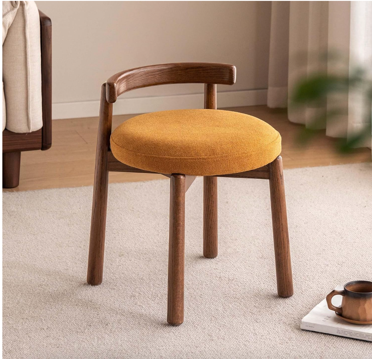 Oak, Solid RubberWood, Ash Round Vanity Stool with Curved Low Back