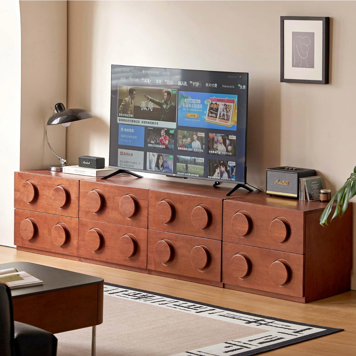 Ash Solid Wood, Rubberwood Floor-Standing Module Combination TV Stand
