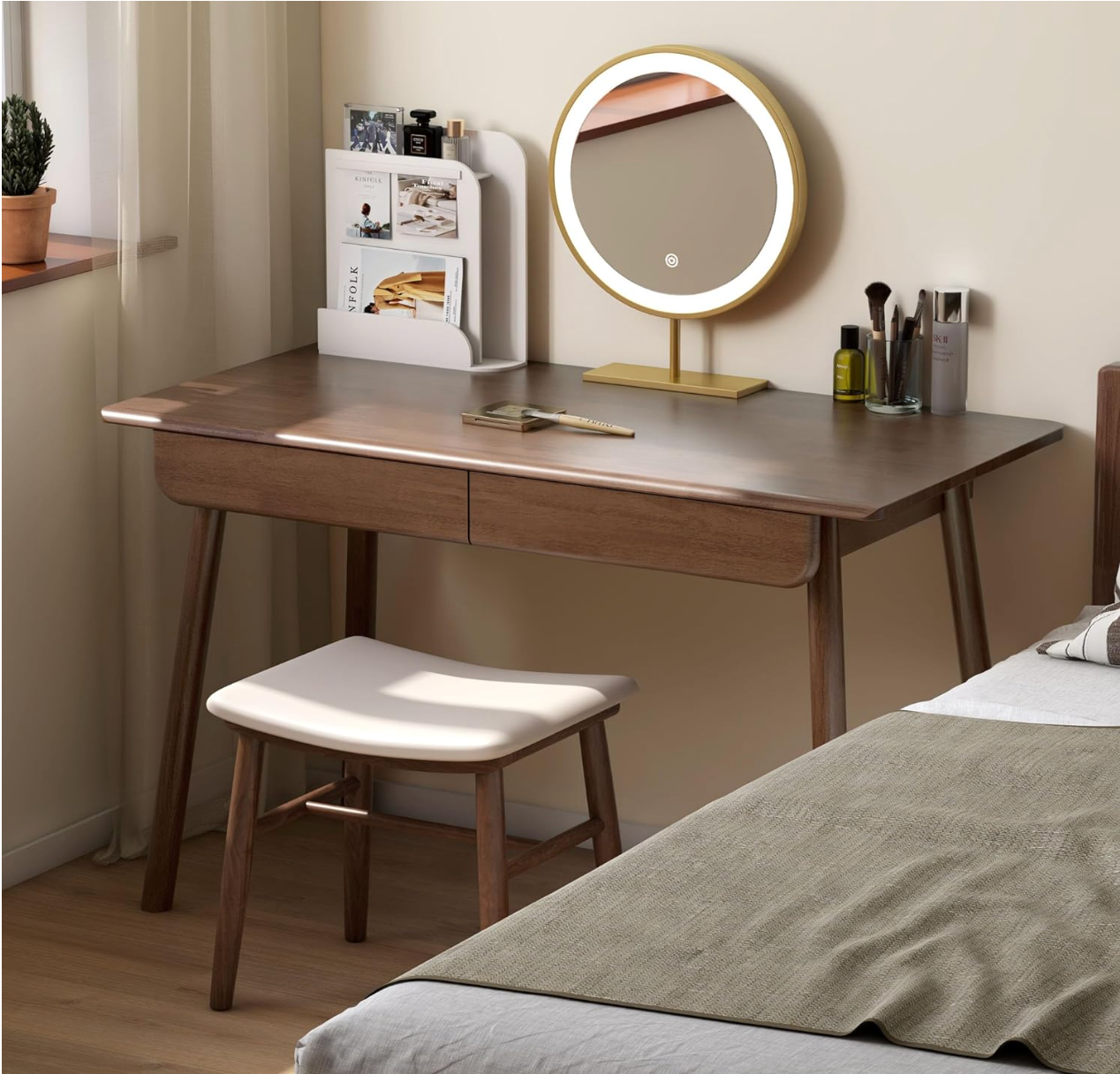 Beech, Rubberwood Solid Wood Office Desk with 2 Drawers