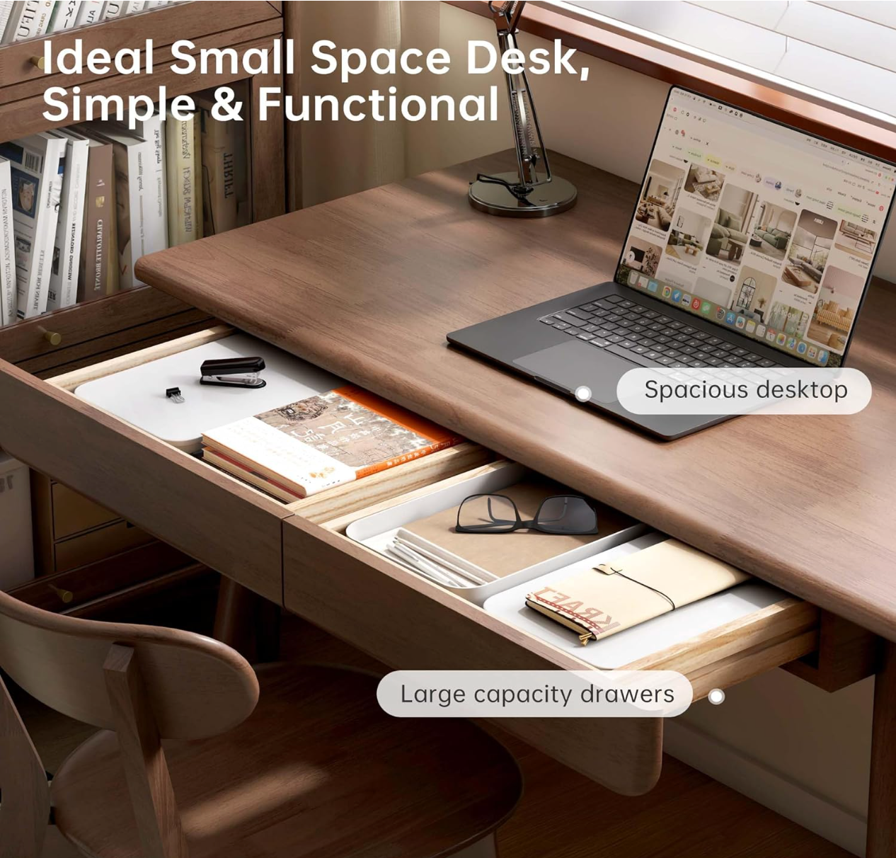 Beech, Rubberwood Solid Wood Office Desk with 2 Drawers