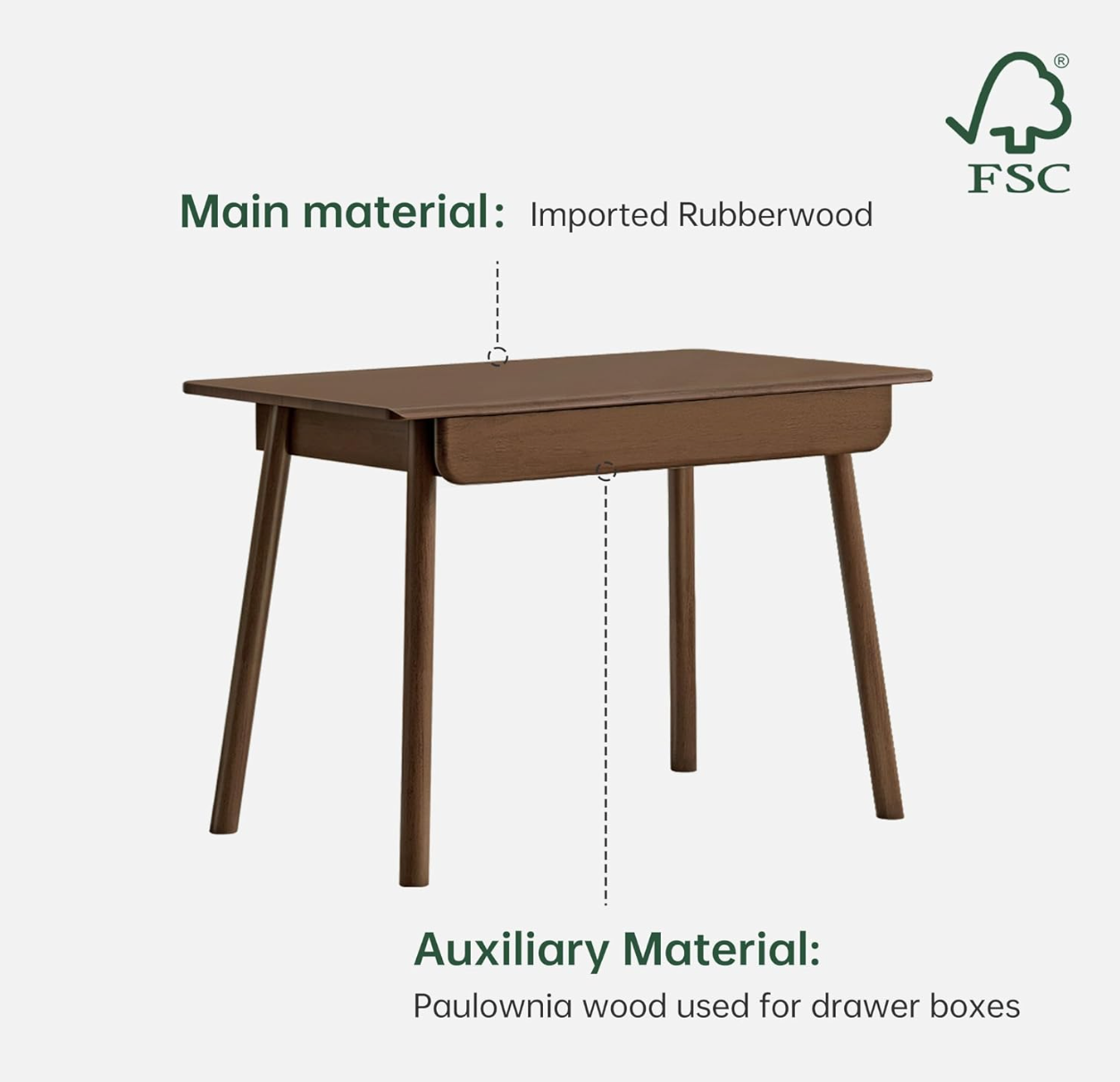 Beech, Rubberwood Solid Wood Office Desk with 2 Drawers
