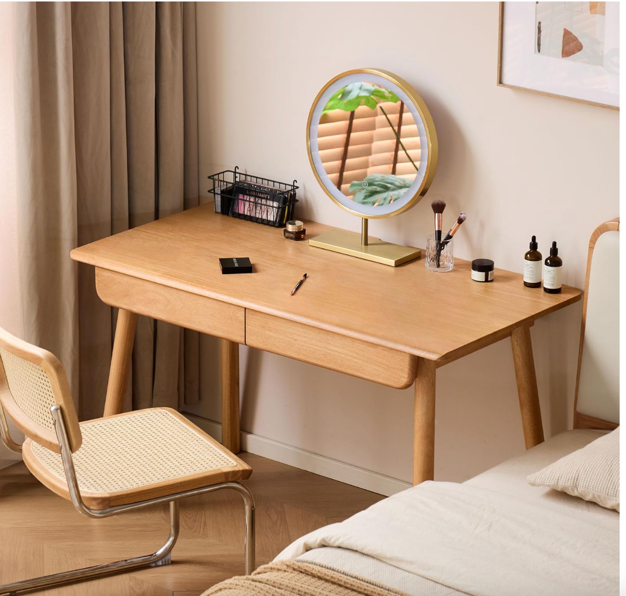 Beech, Rubberwood Solid Wood Office Desk with 2 Drawers