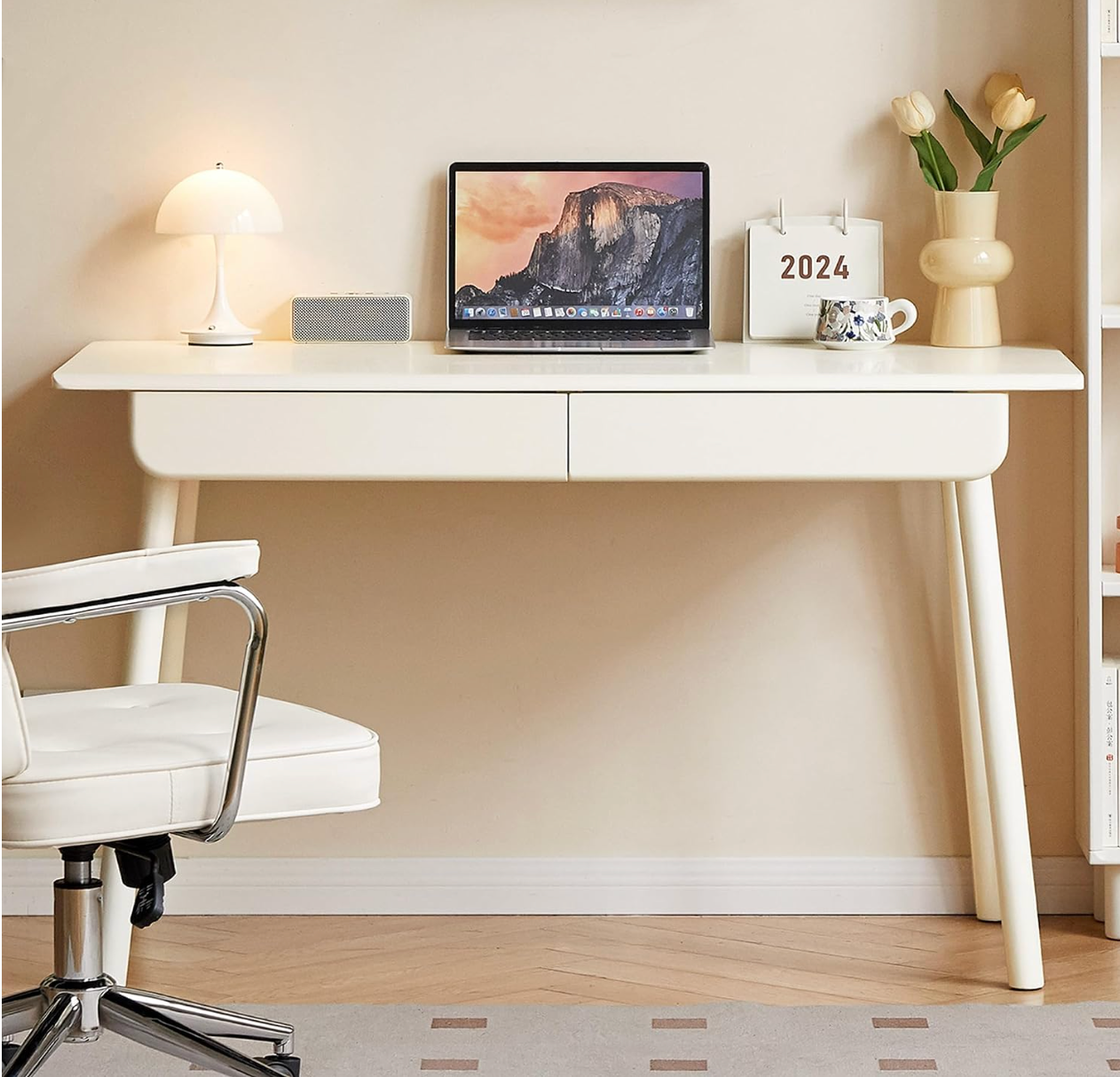 Beech, Rubberwood Solid Wood Office Desk with 2 Drawers