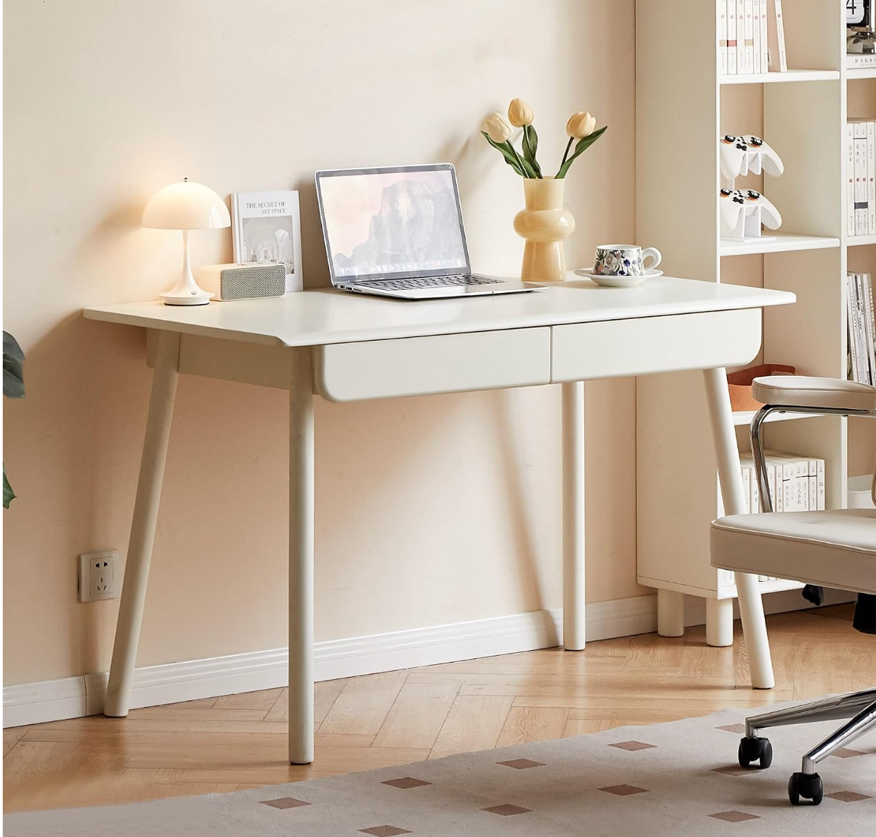 Beech, Rubberwood Solid Wood Office Desk with 2 Drawers