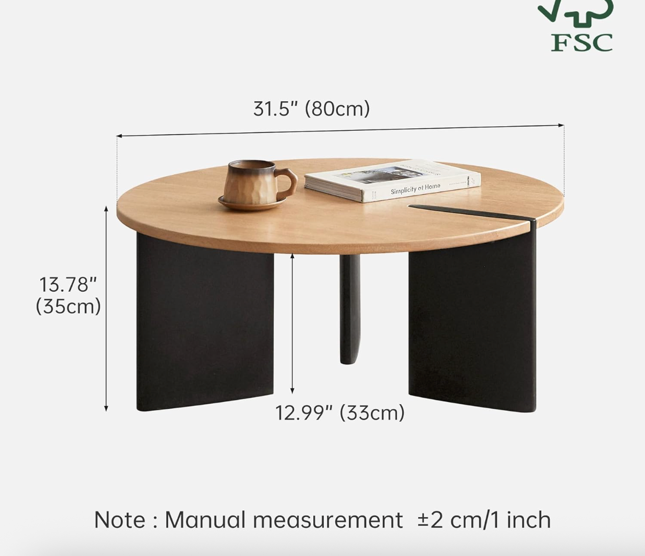 Oak Solid Wood Round Two-Tone Wood Nesting Coffee Table Set with Triangular Black Legs