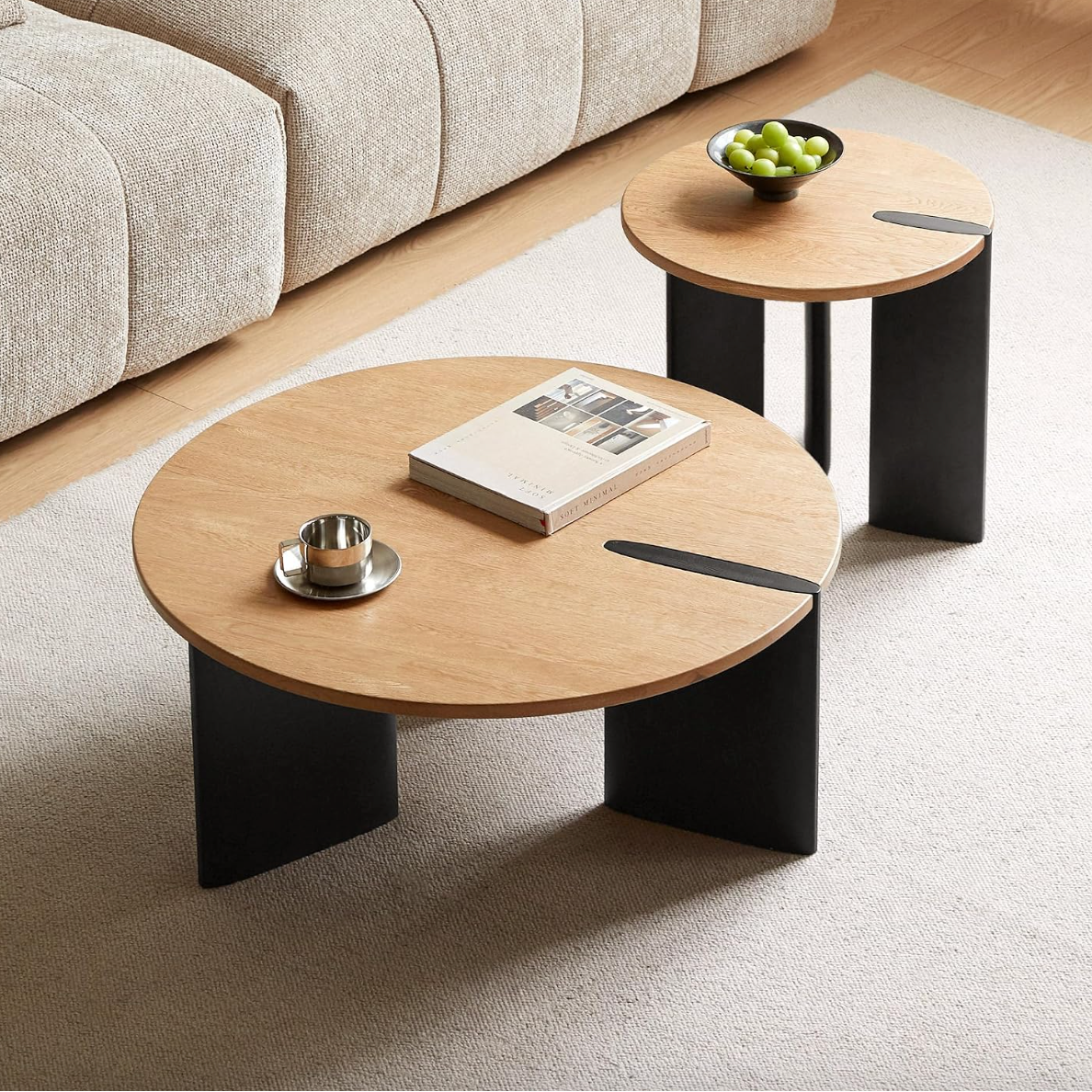 Oak Solid Wood Round Two-Tone Wood Nesting Coffee Table Set with Triangular Black Legs