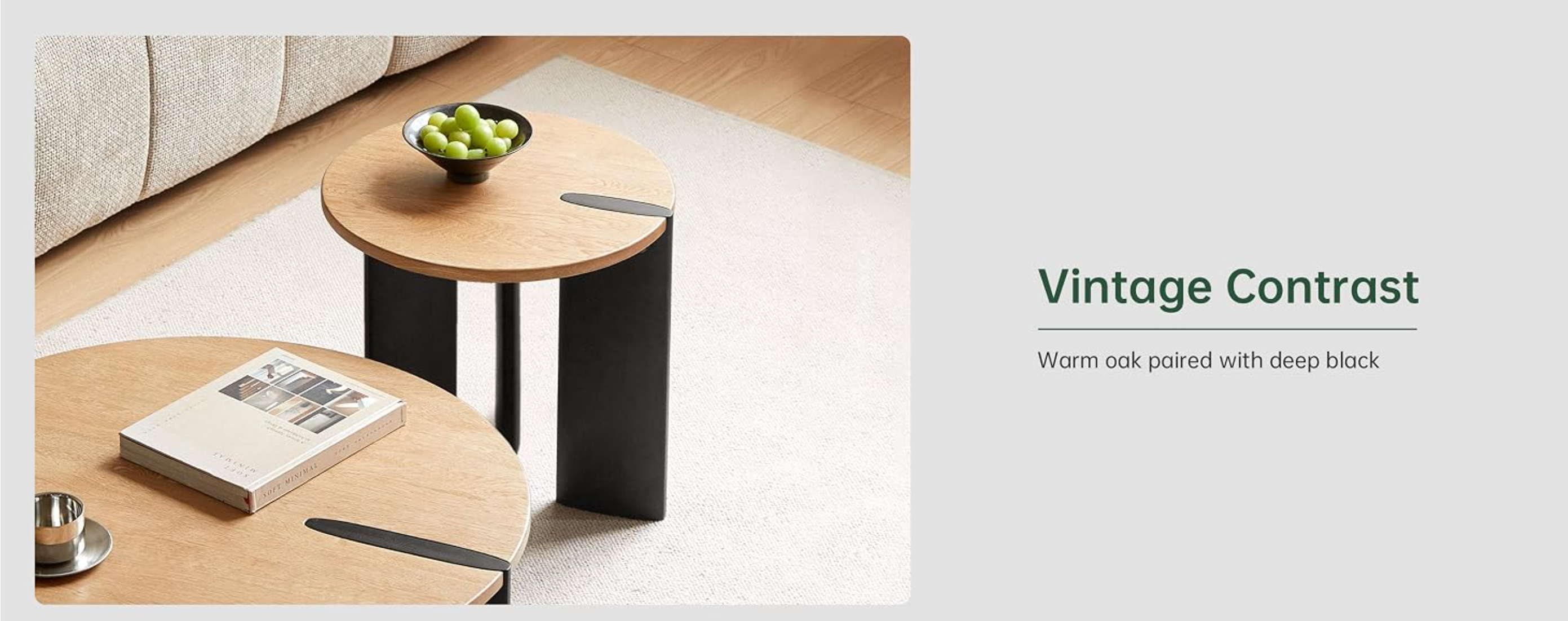 Oak Solid Wood Round Two-Tone Wood Nesting Coffee Table Set with Triangular Black Legs
