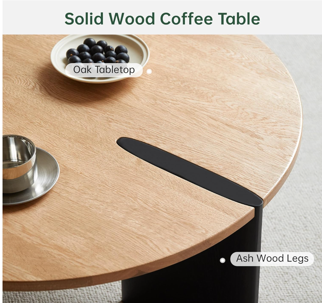 Oak Solid Wood Round Two-Tone Wood Nesting Coffee Table Set with Triangular Black Legs