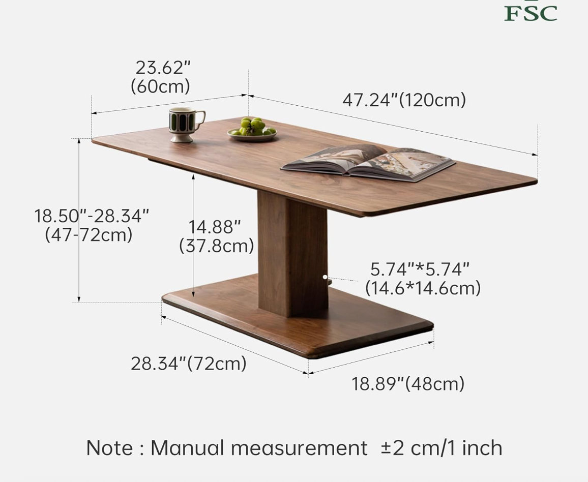 Oak Solid Wood Lift-Top Adjustable Height Coffee Table, Pedestal Base
