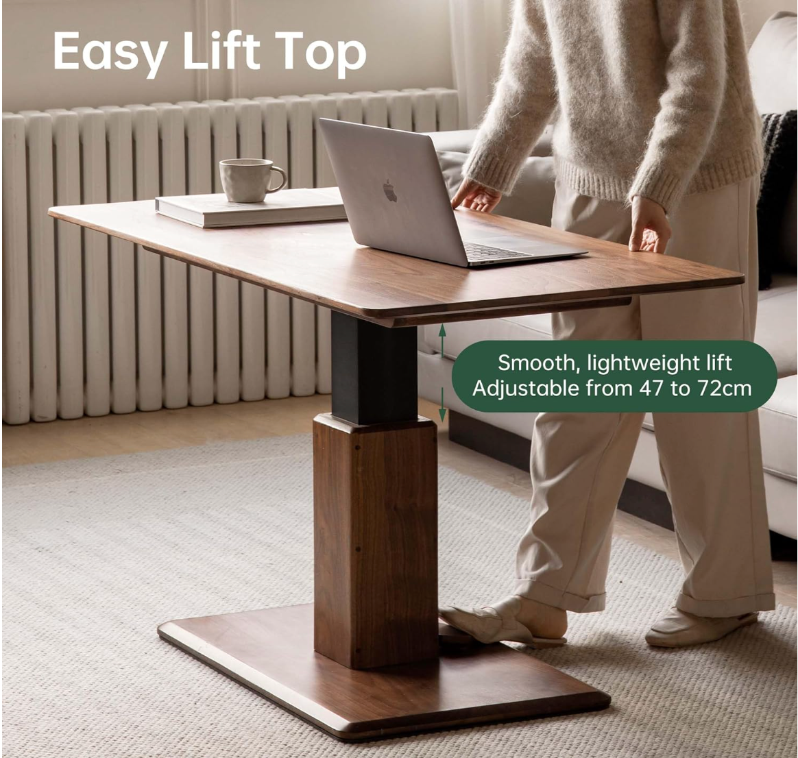 Oak Solid Wood Lift-Top Adjustable Height Coffee Table, Pedestal Base
