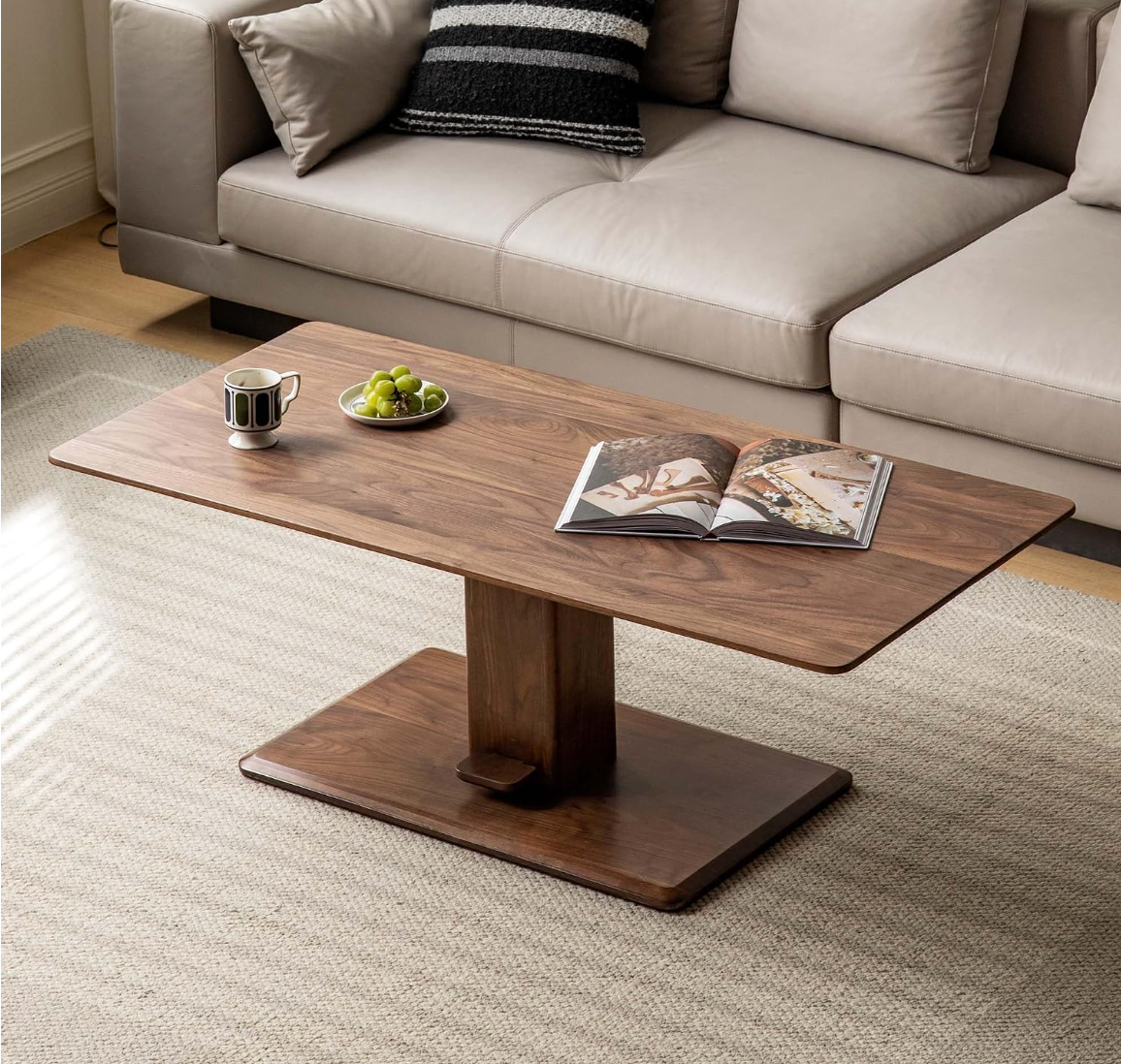 Oak Solid Wood Lift-Top Adjustable Height Coffee Table, Pedestal Base