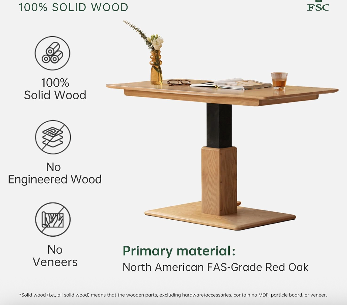 Oak Solid Wood Lift-Top Adjustable Height Coffee Table, Pedestal Base
