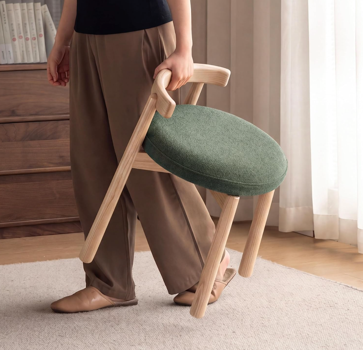 Oak, Solid RubberWood, Ash Round Vanity Stool with Curved Low Back