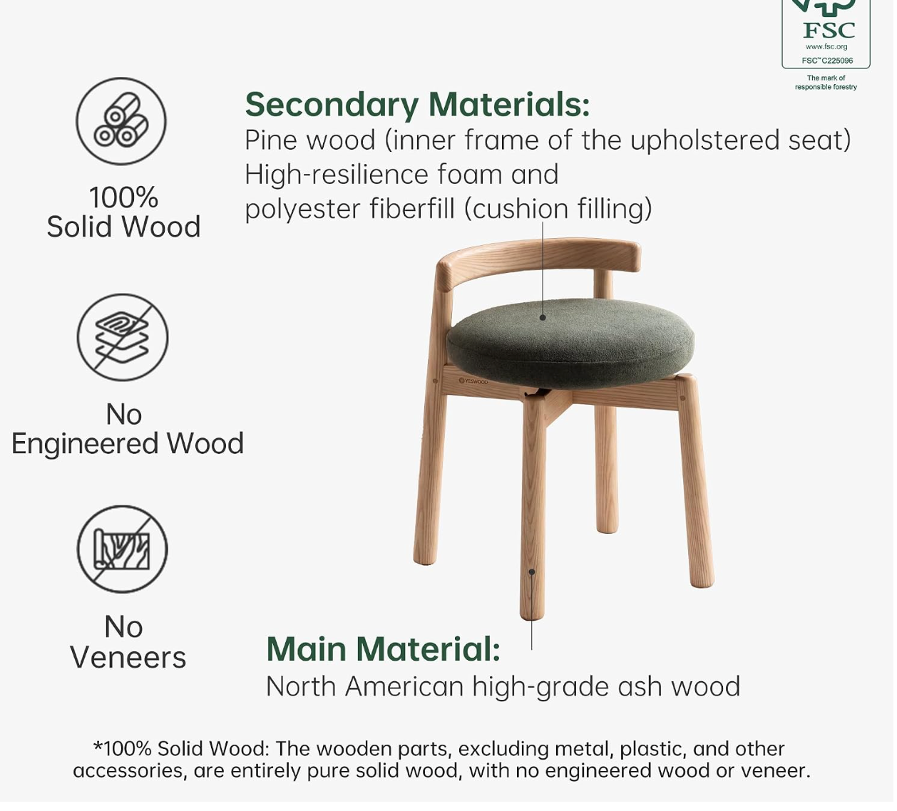 Oak, Solid RubberWood, Ash Round Vanity Stool with Curved Low Back