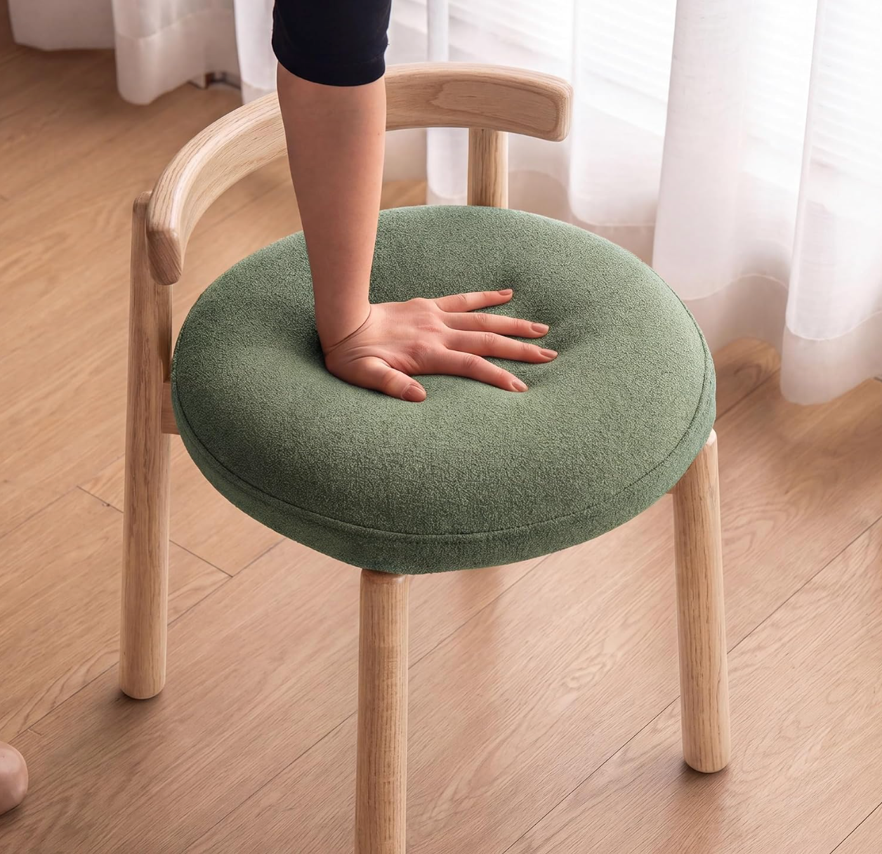 Oak, Solid RubberWood, Ash Round Vanity Stool with Curved Low Back