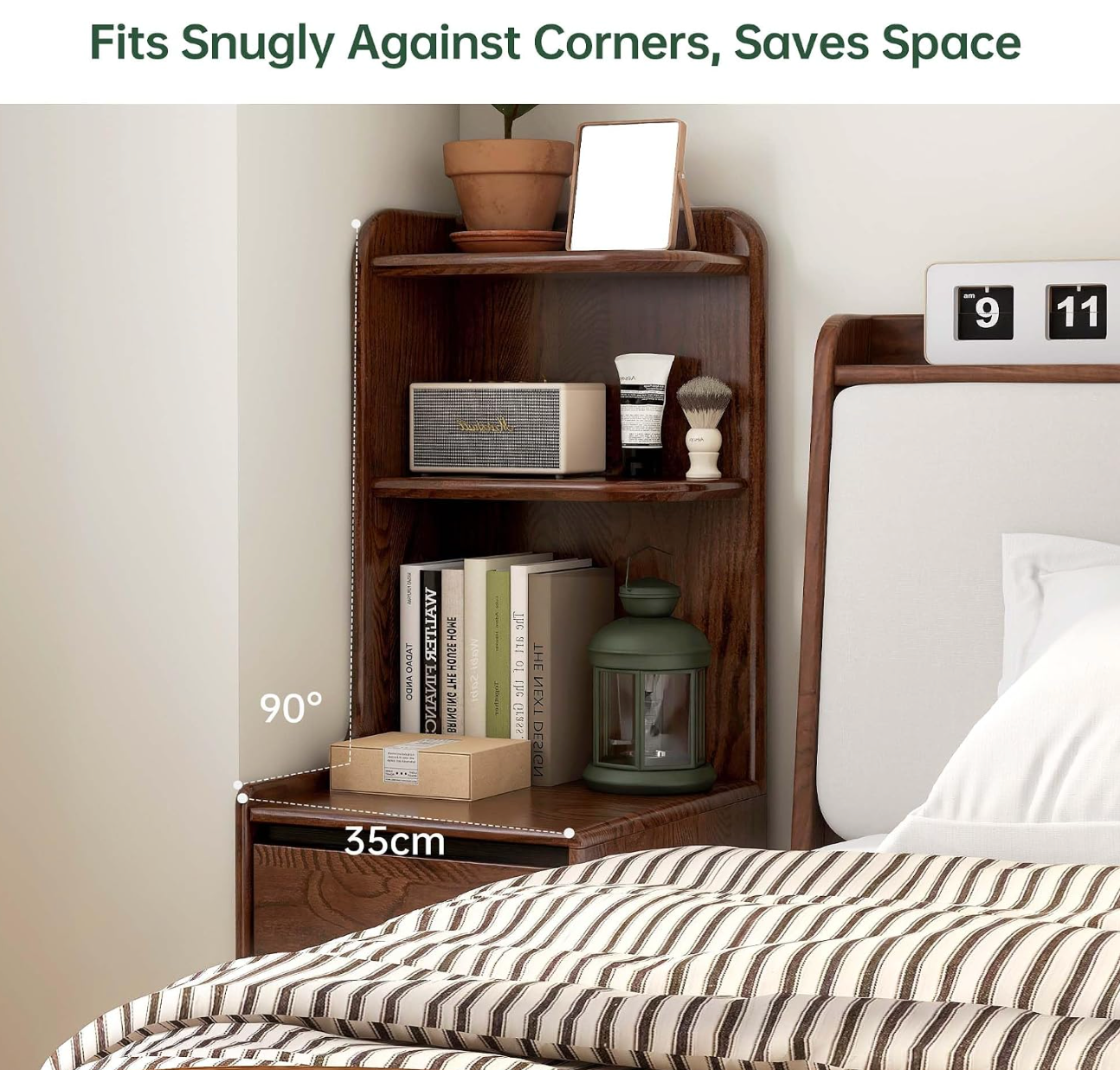 Oak Solid Wood Tall Nightstand with Curved Corner Shelf and Two Drawers