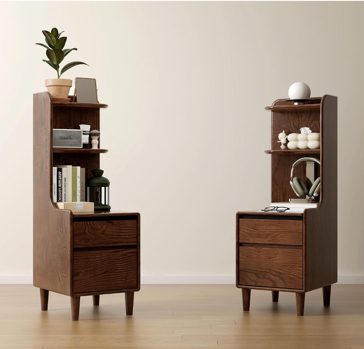 Oak Solid Wood Tall Nightstand with Curved Corner Shelf and Two Drawers