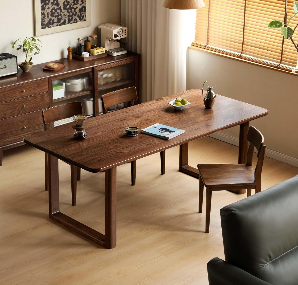 Black Walnut Solid Wood Dining Table with Industrial Trestle Legs