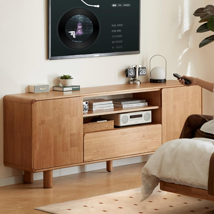Rubberwood Solid Wood TV Stand with Open Shelf and Tapered Legs