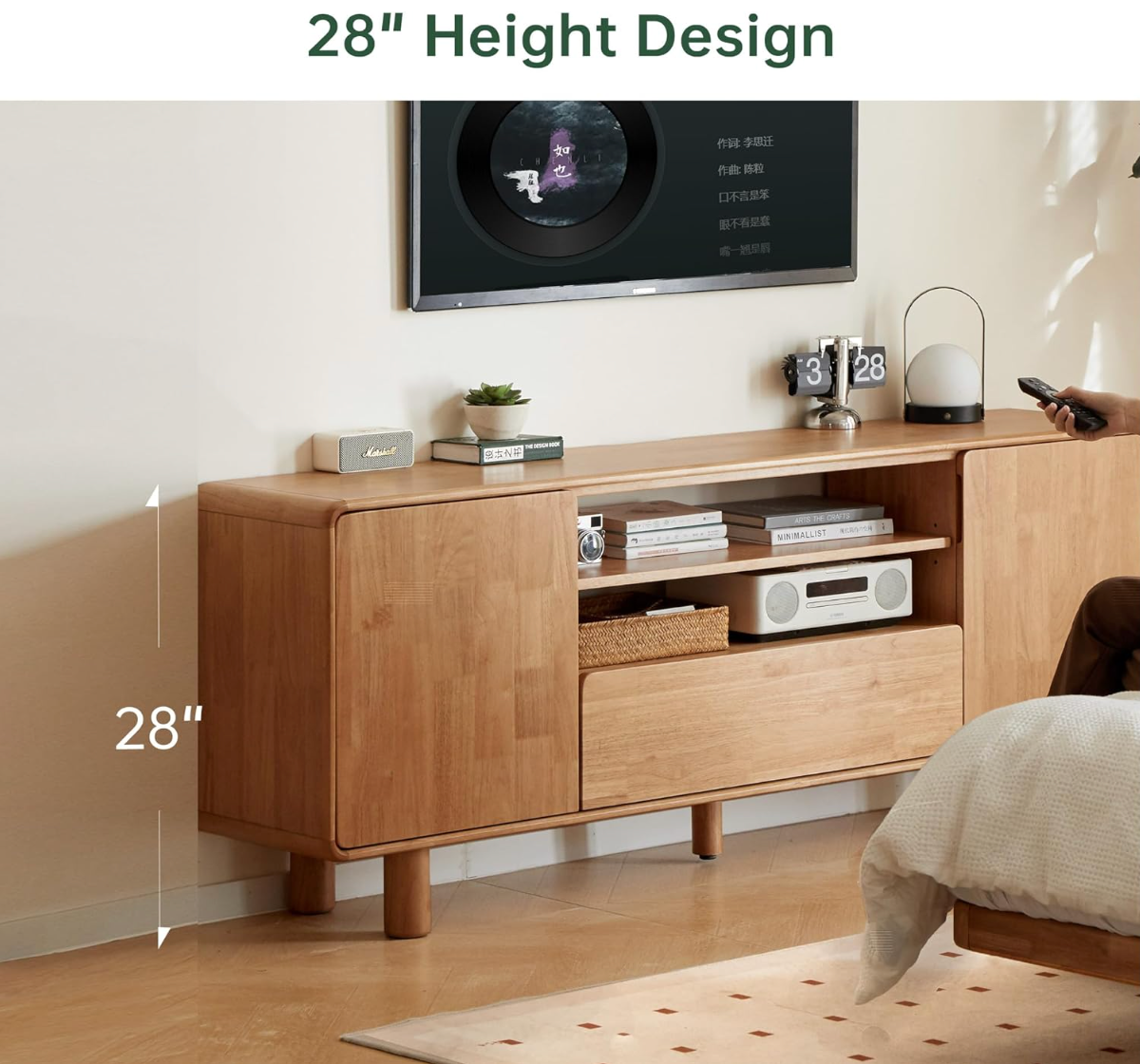 Rubberwood Solid Wood TV Stand with Open Shelf and Tapered Legs
