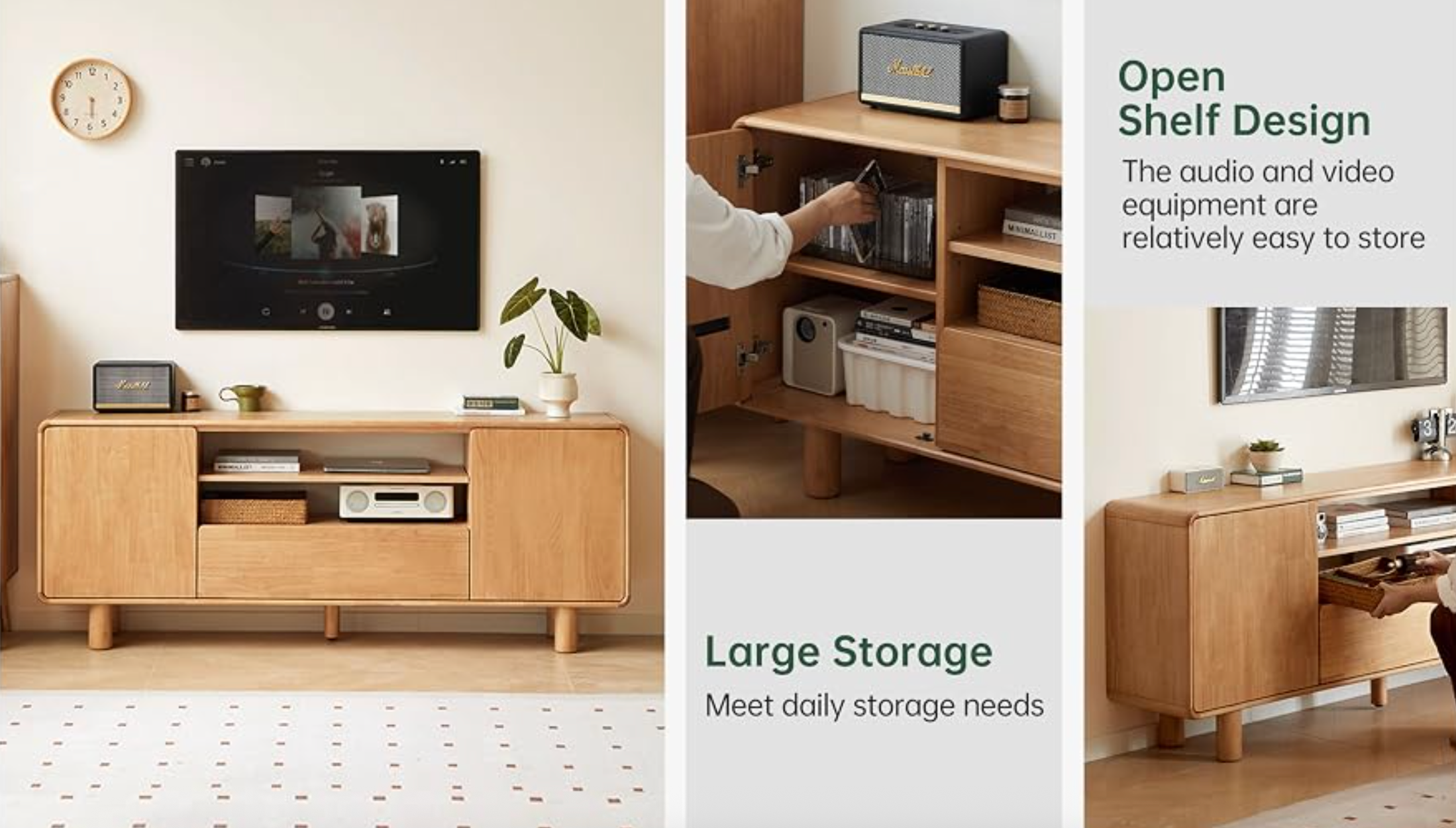 Rubberwood Solid Wood TV Stand with Open Shelf and Tapered Legs