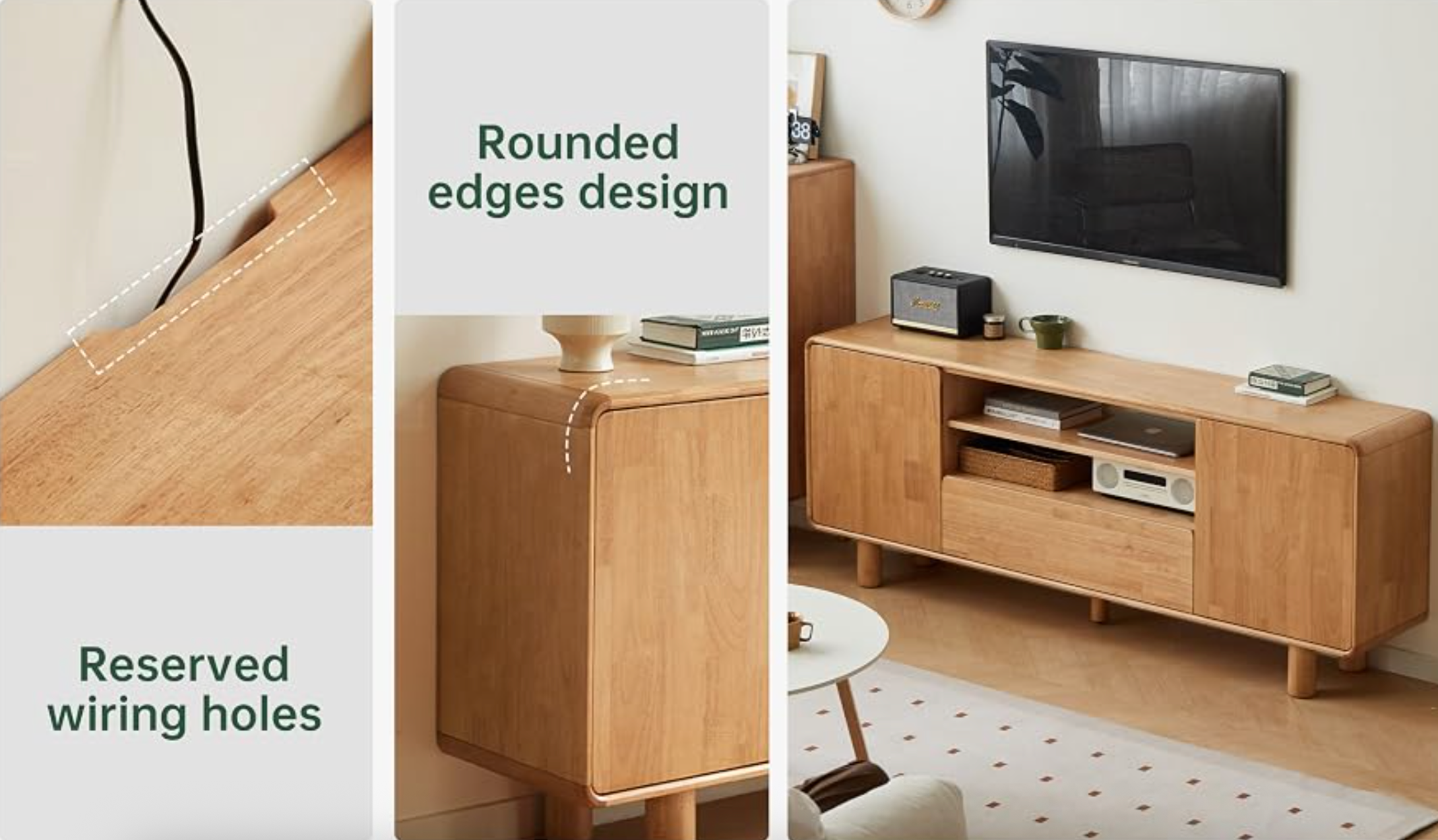 Rubberwood Solid Wood TV Stand with Open Shelf and Tapered Legs