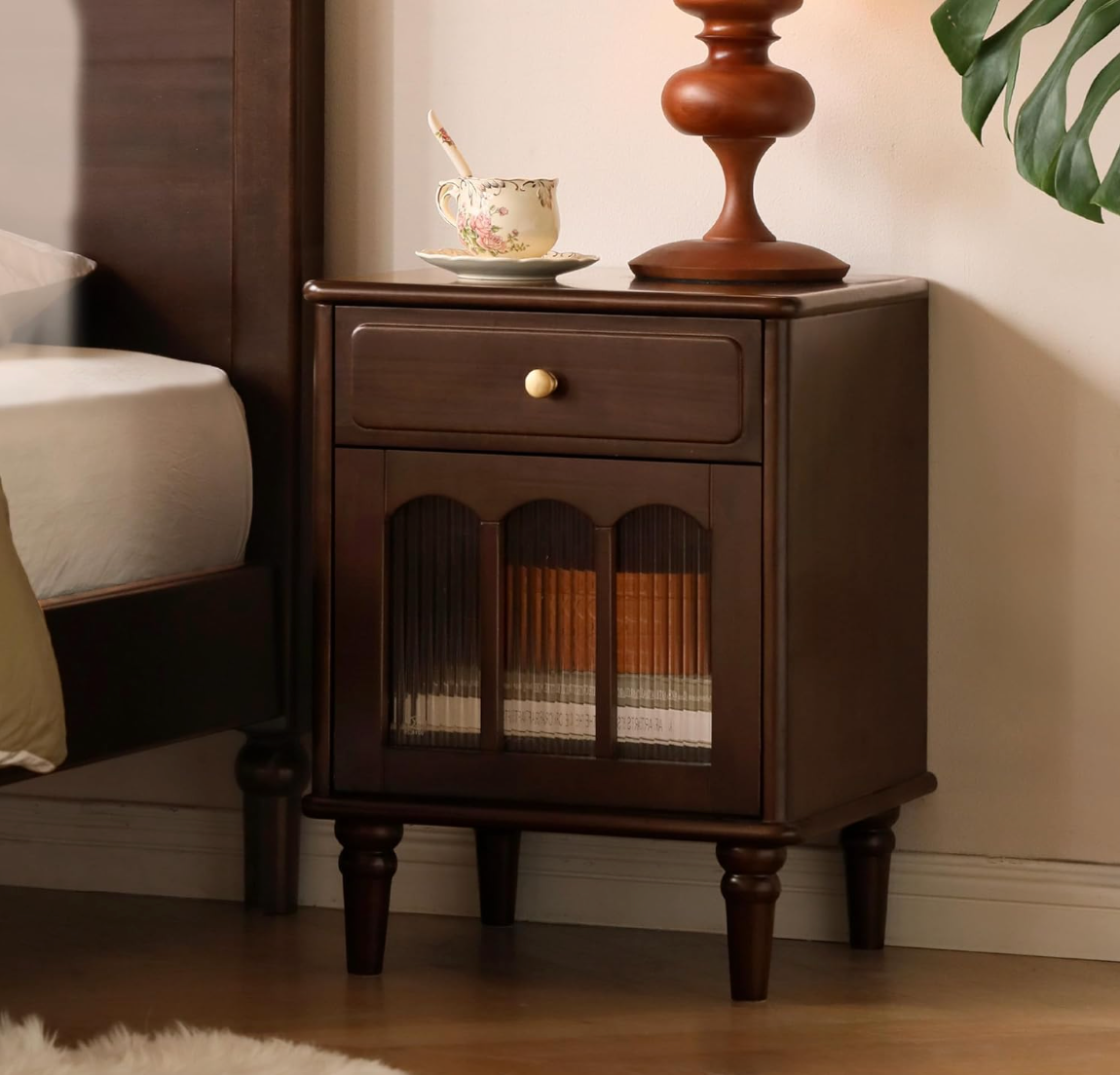 Solid RubberWood, Poplar Nightstand with Reeded Glass Door and Turned Legs