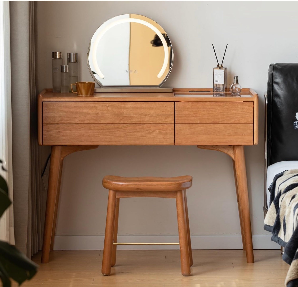 Ash, Cherry Solid Wood Modern Vanity Table with Storage