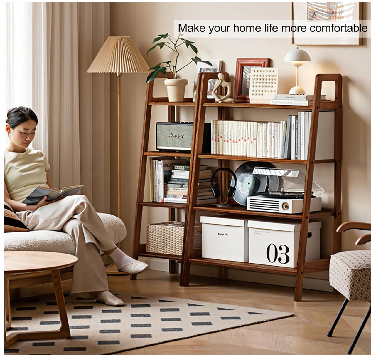 Back Walnut Solid Wood 4-Tier Ladder Bookshelf