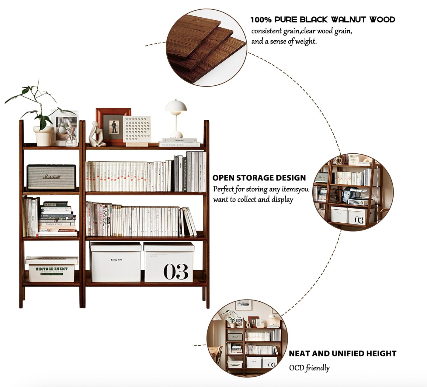 Back Walnut Solid Wood 4-Tier Ladder Bookshelf