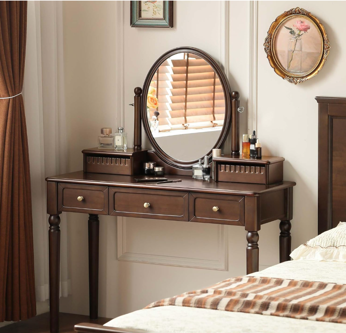 Black Walnut, Catalpa Solid Wood American Vanity Desk with Oval Mirror and Turned Legs