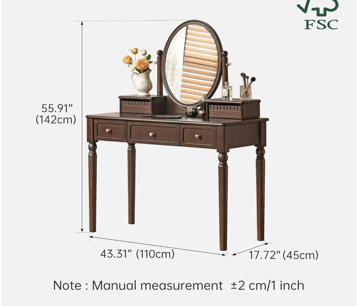 Black Walnut, Catalpa Solid Wood American Vanity Desk with Oval Mirror and Turned Legs