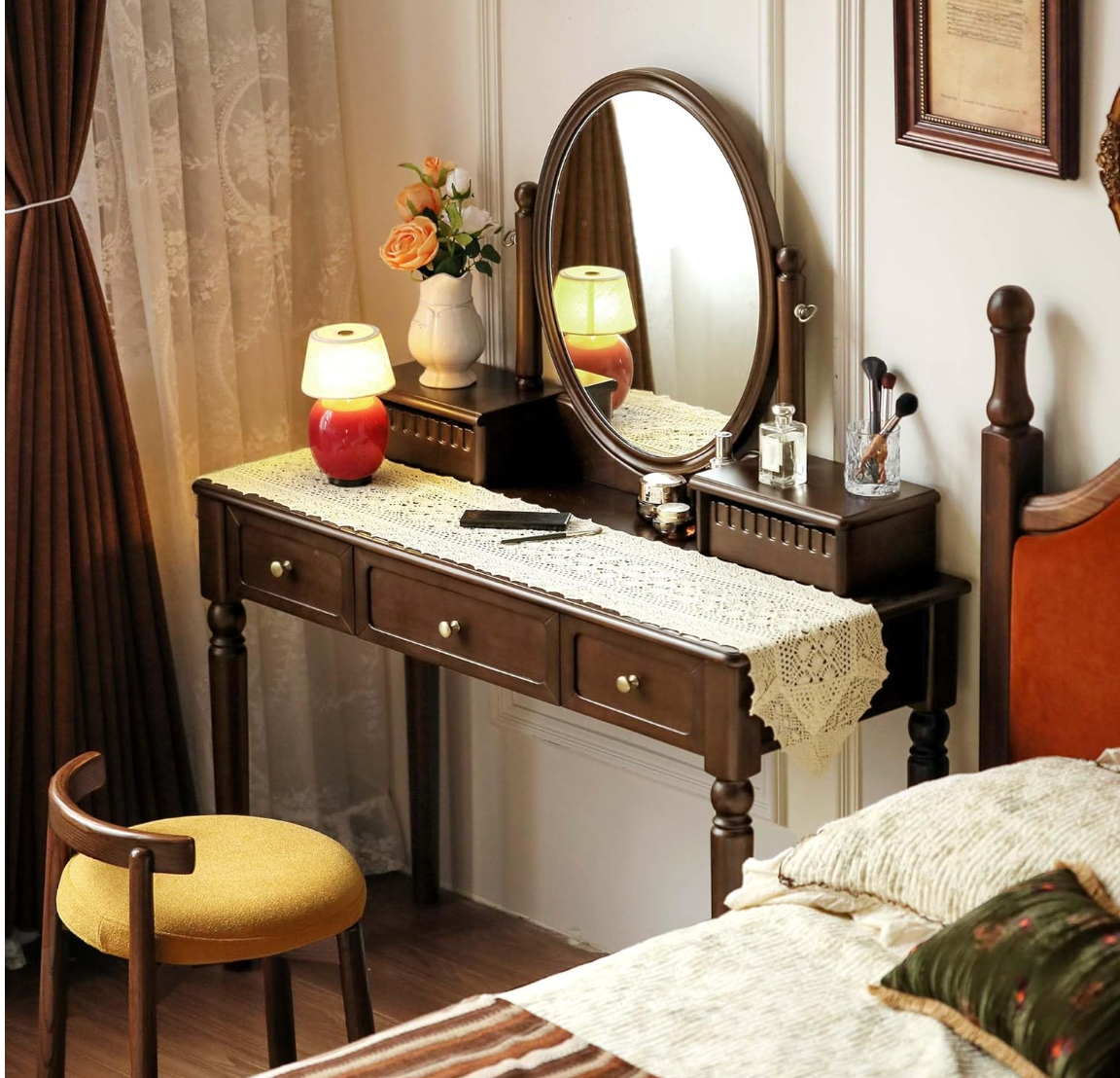 Black Walnut, Catalpa Solid Wood American Vanity Desk with Oval Mirror and Turned Legs