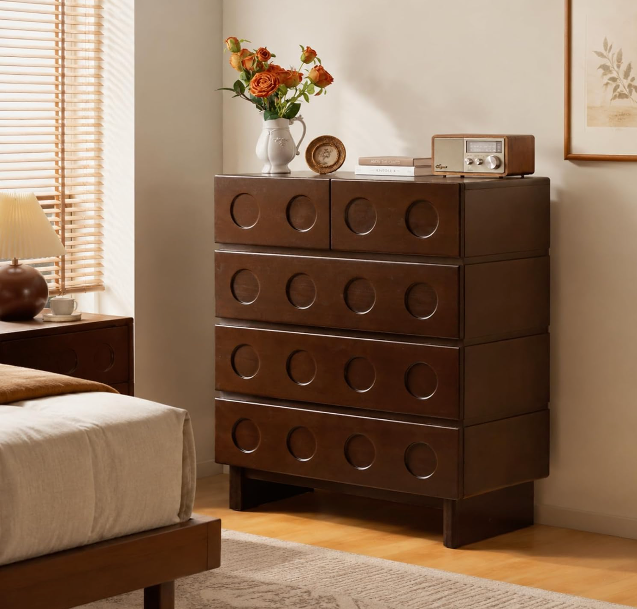 Solid Poplar French Vintage 5-Drawer Chest with Carved Round Pulls