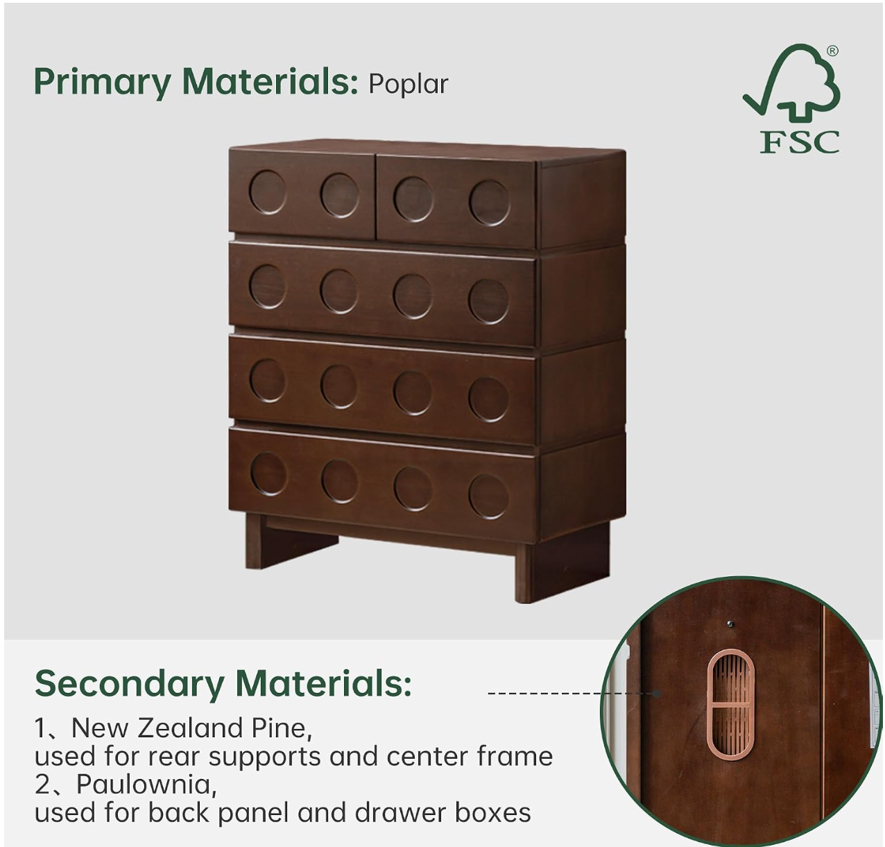 Solid Poplar French Vintage 5-Drawer Chest with Carved Round Pulls