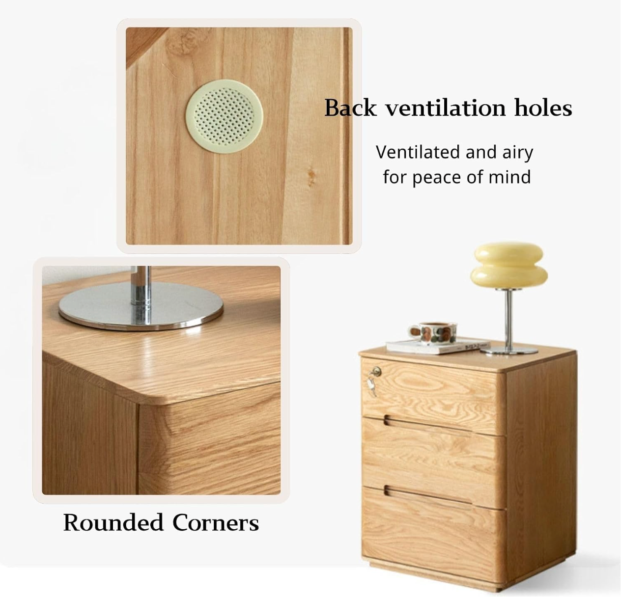 Oak Solid Wood 3-Drawer Nightstand with Groove Handles and Rounded Corners