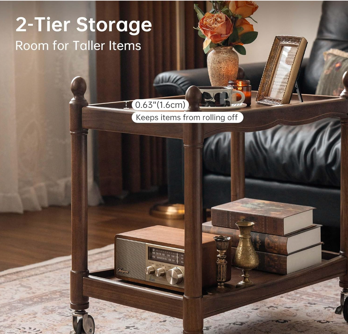Poplar Solid Wood Vintage Solid Wood Bar Cart with Turned Spindle Legs and Casters