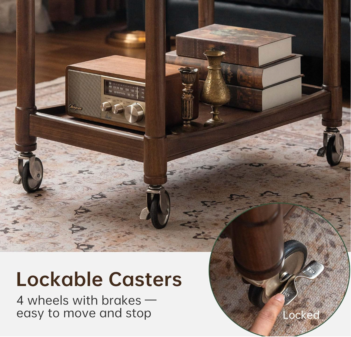 Poplar Solid Wood Vintage Solid Wood Bar Cart with Turned Spindle Legs and Casters