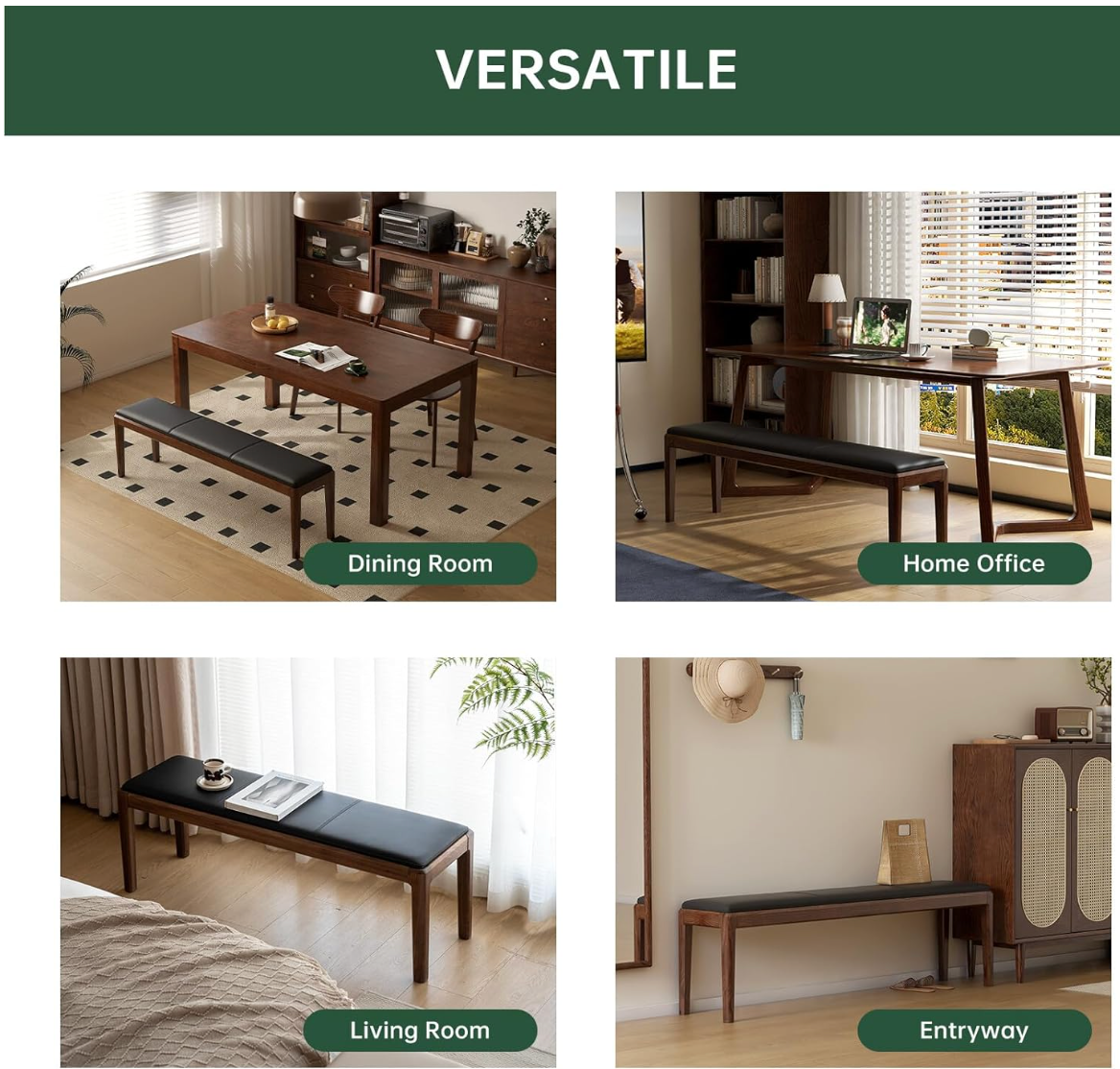 Oak, Rubberwood Solid Wood Leather Channel Tufted Bench