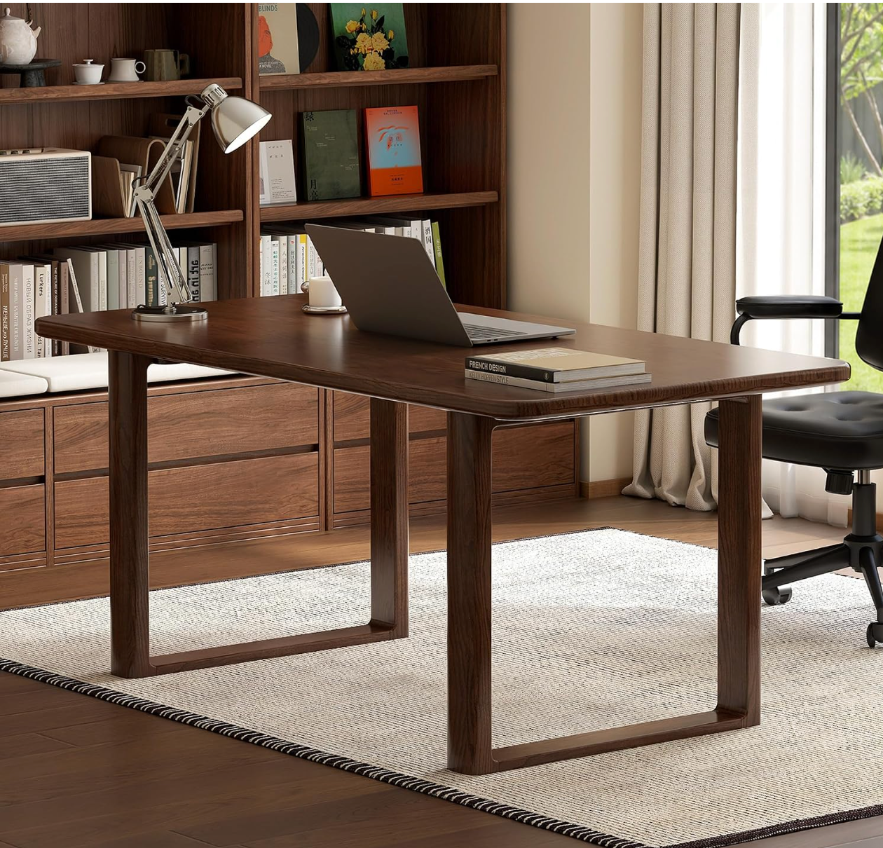 Black Walnut, Oak Solid Wood Dining Table with Industrial Trestle Legs