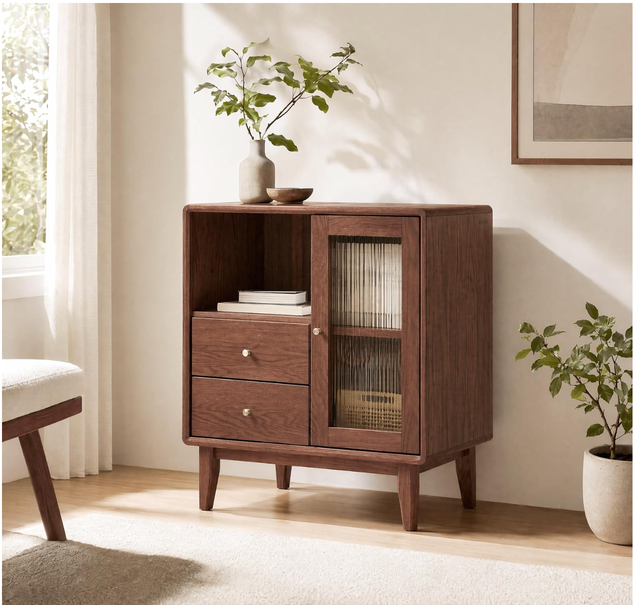 Solid Rubberwood Accent Cabinet with Fluted Glass Door and Tapered Legs